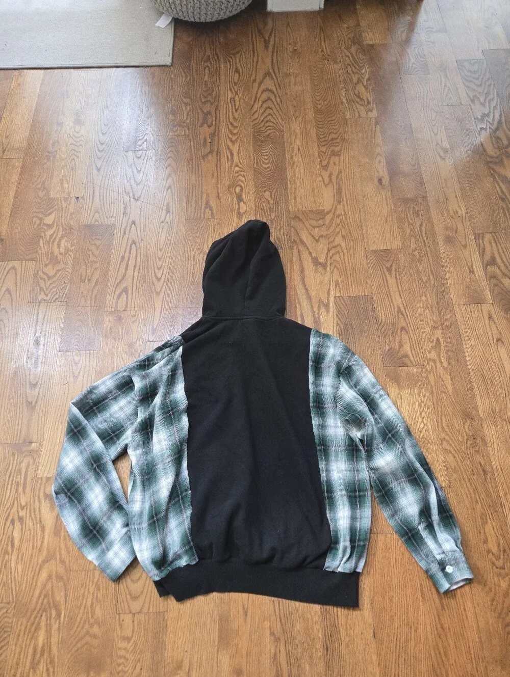 Upcycled Northface Hoodie with fannel shirt sleeves, Sz Small